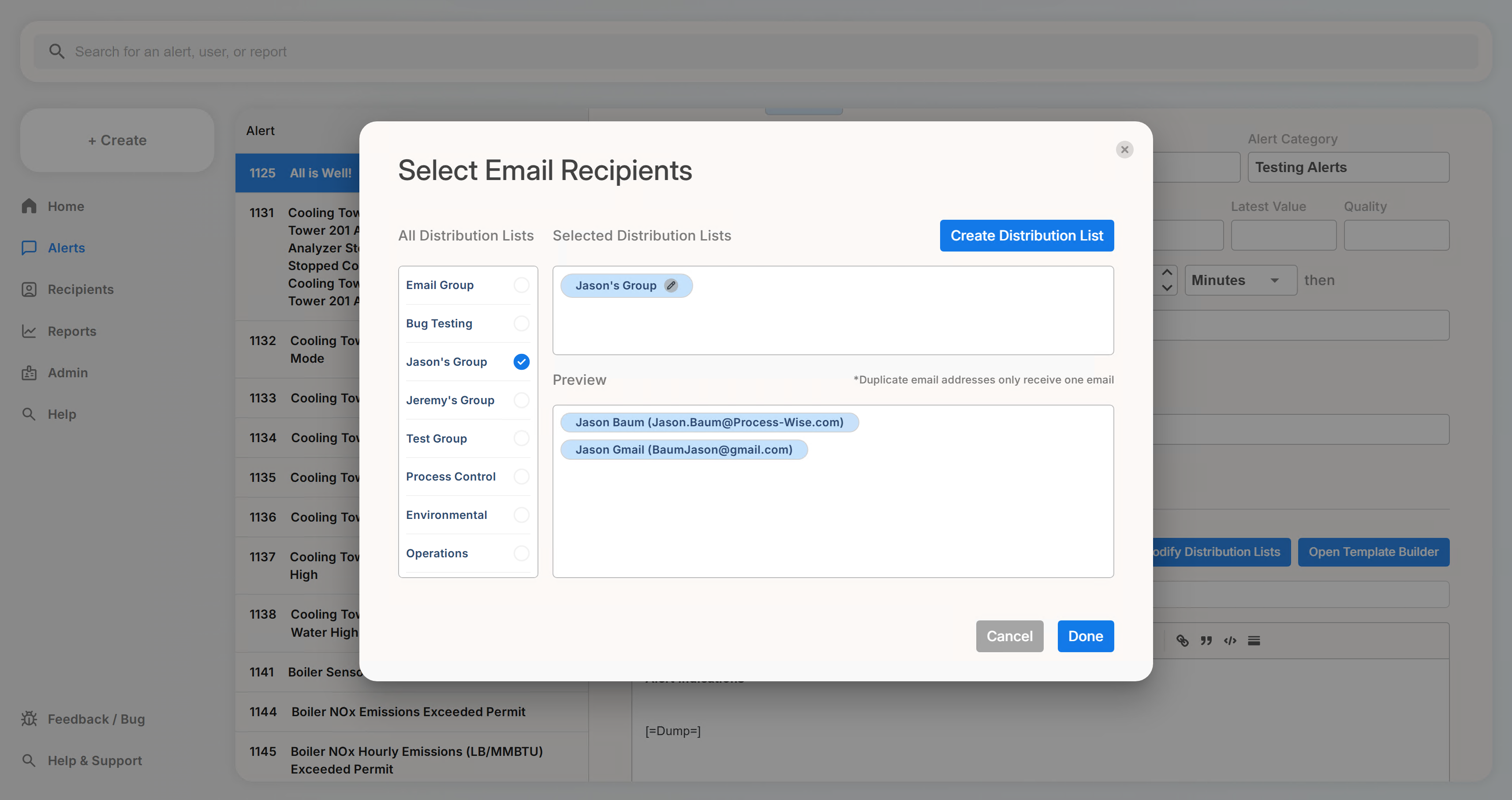 Alert Wise select email recipient dialog
